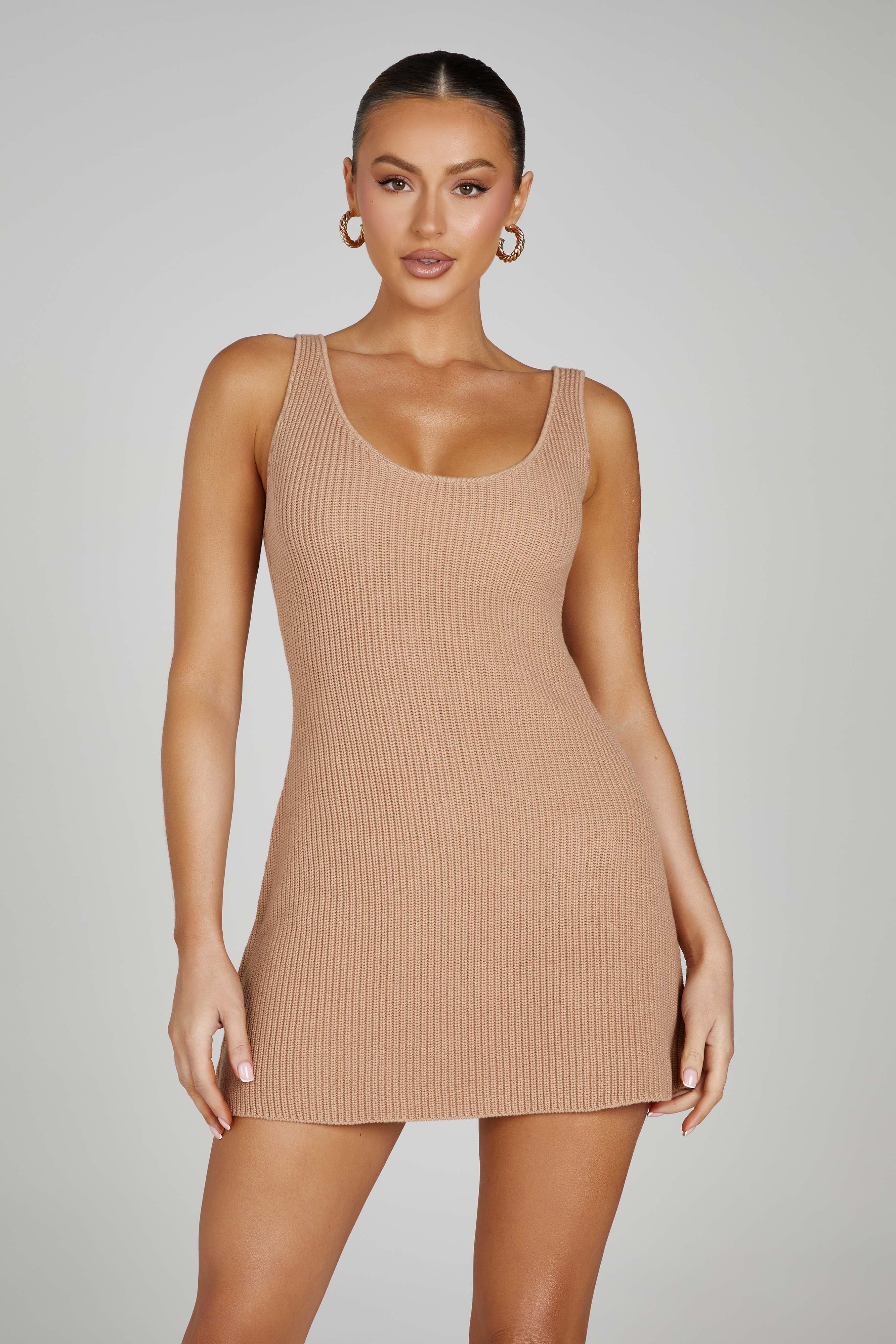 MESHKI Pauline Open Back Knit Mini Dress - Taupe