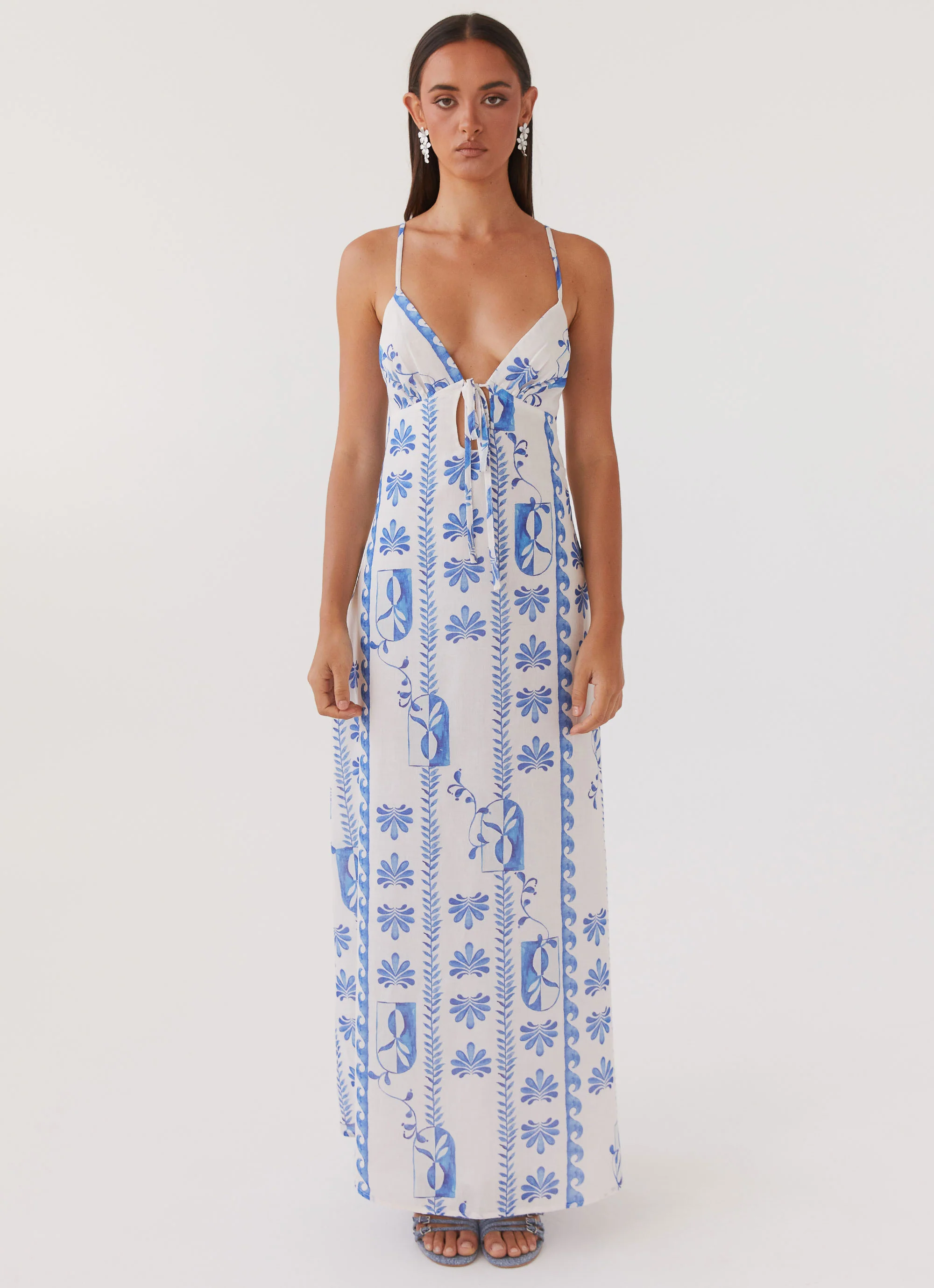 MESHKI Flora Linen Maxi Dress - Floral Wave