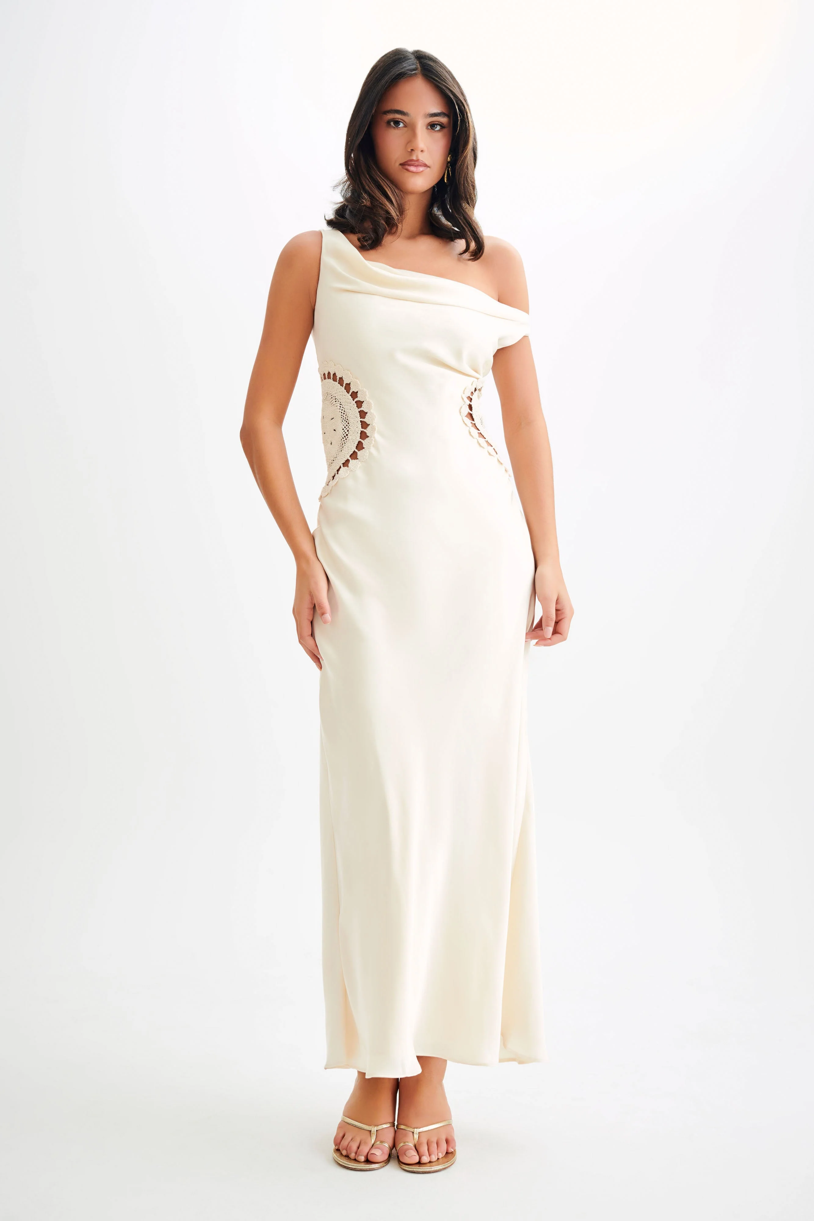 Kristina Satin Maxi Dress With Crochet - Ivory