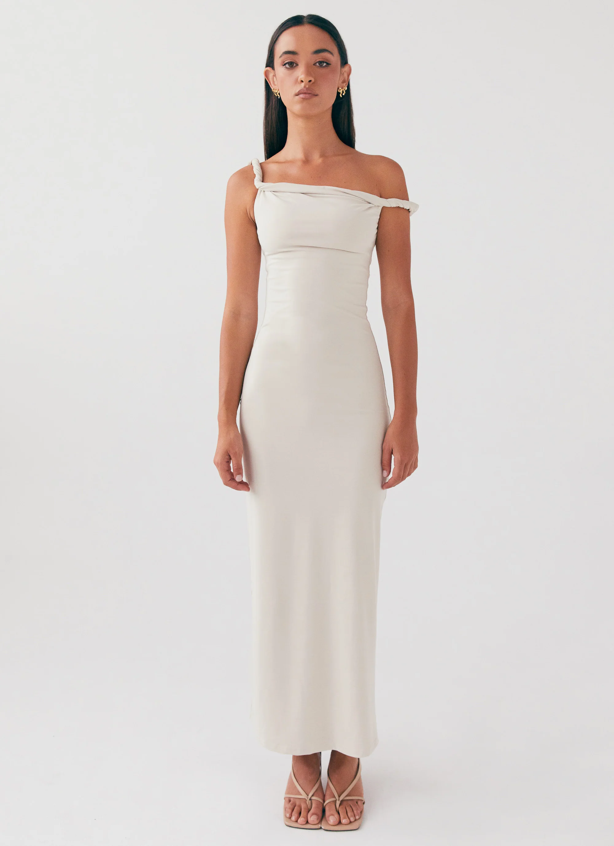 MESHKI Arabella Twist Shoulder Maxi Dress - Beige