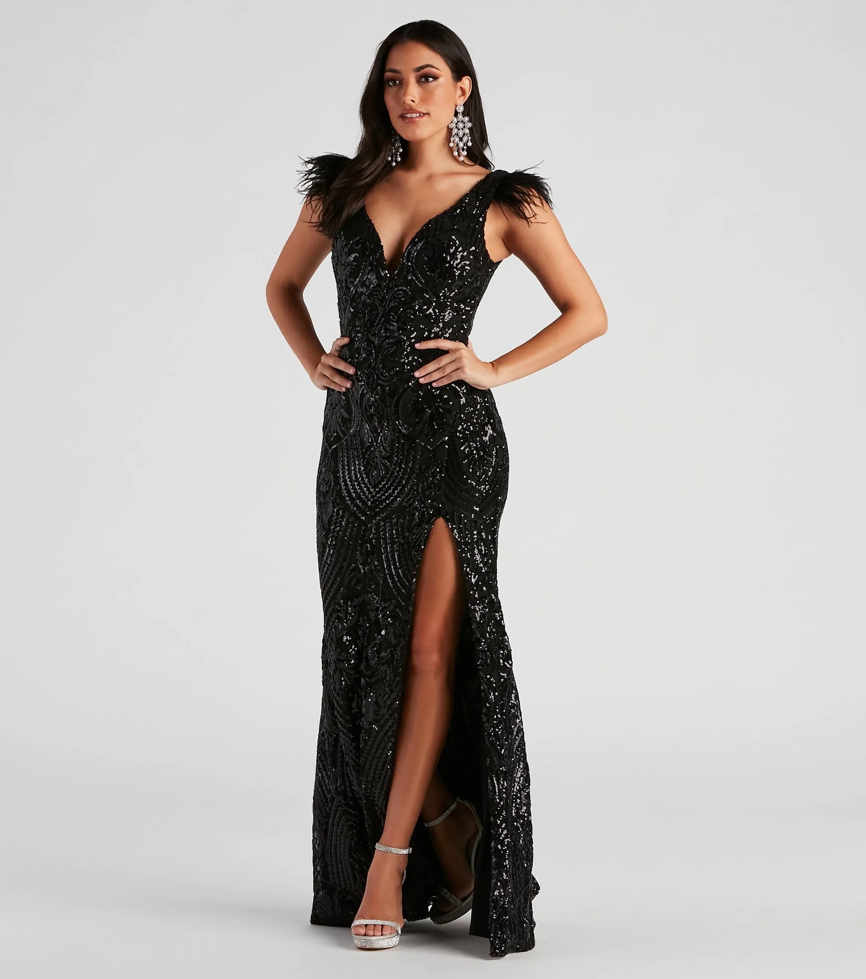 Colorladys Formal Sequin Feather Long Dress In Black
